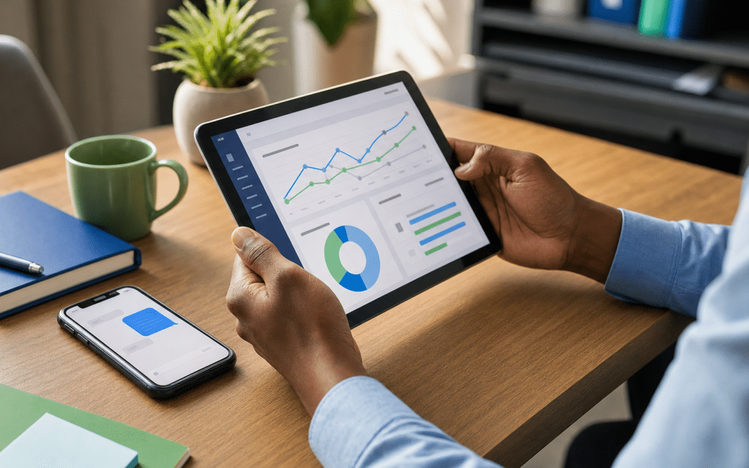 sms marketing benchmarks south africa professional reviewing campaign analytics on tablet