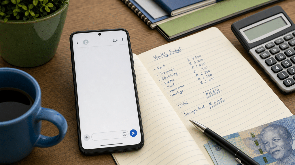 sms marketing costs south africa — smartphone with blank SMS screen next to notebook and calculator showing Rand figures