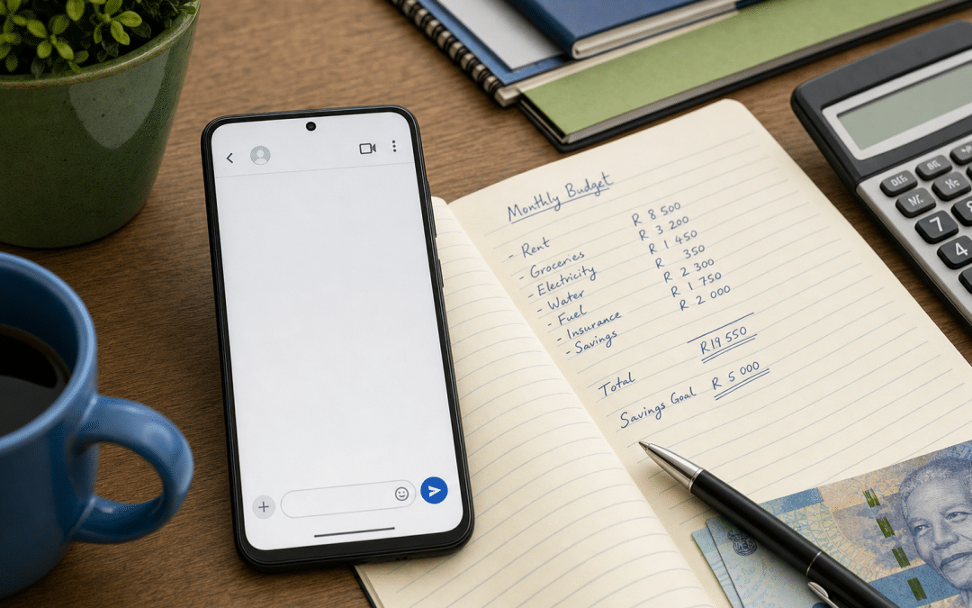 sms marketing costs south africa — smartphone with blank SMS screen next to notebook and calculator showing Rand figures