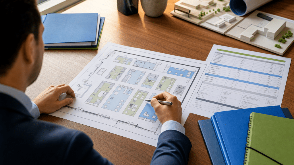 trade show costs south africa — professional reviewing exhibition floor plan and budget breakdown