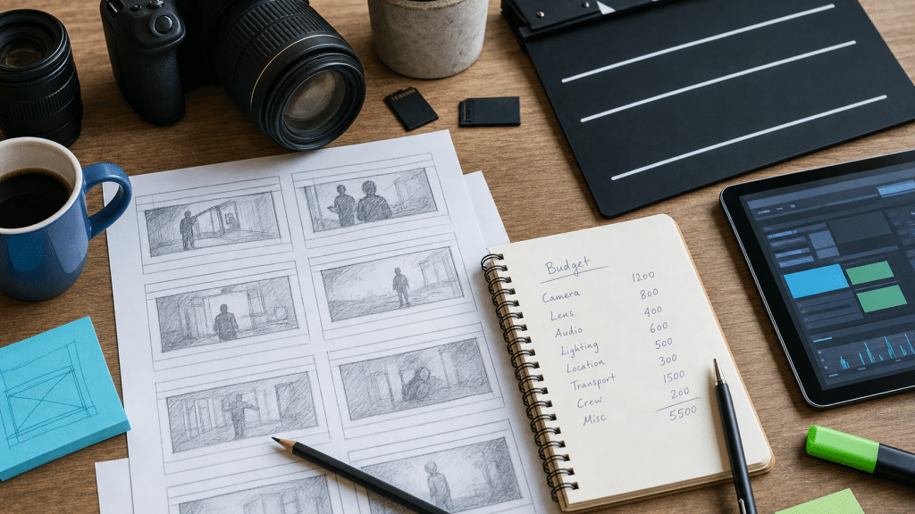 video marketing costs south africa — flat-lay of camera, storyboard and clapper board with blue and green accent items