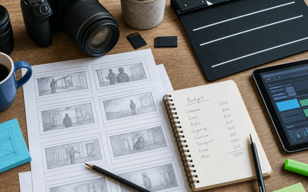 video marketing costs south africa — flat-lay of camera, storyboard and clapper board with blue and green accent items