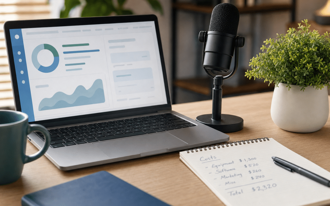 webinar marketing costs south africa — laptop and microphone on a desk with cost notes