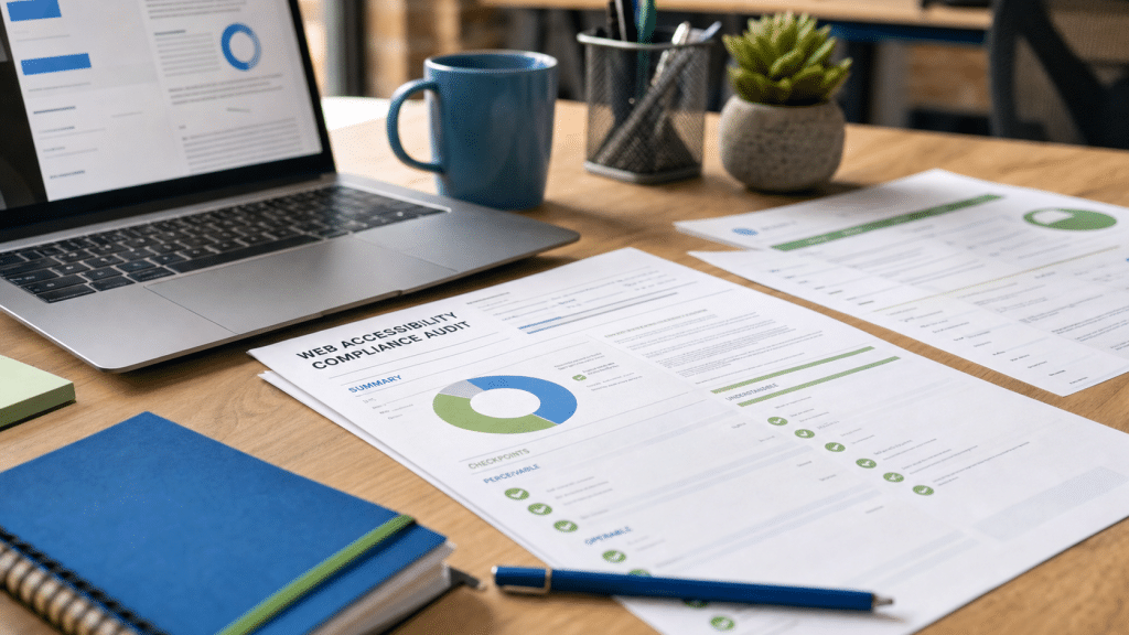 website accessibility compliance cost south africa — accessibility audit documents and laptop on a professional office desk