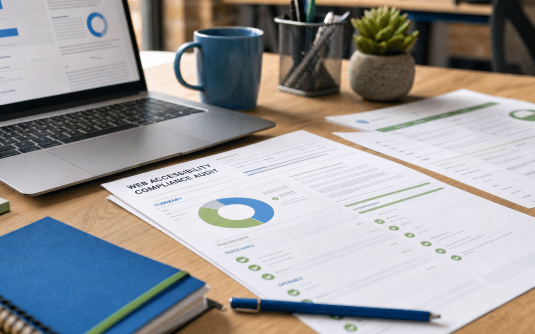 website accessibility compliance cost south africa — accessibility audit documents and laptop on a professional office desk