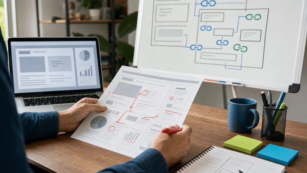 website broken link audit guide — professional reviewing site audit report with broken link errors marked