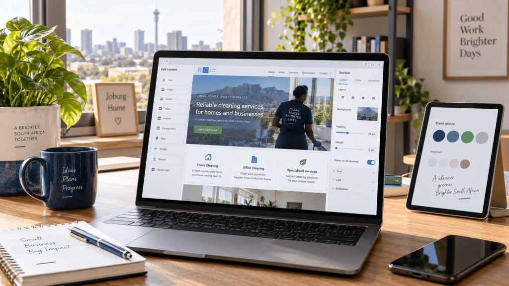 Website builders South Africa comparison on a laptop screen showing Wix, Shopify and WordPress options