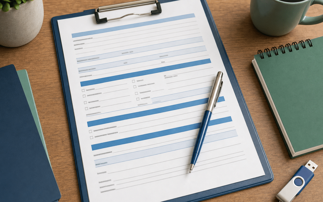 website change request template document on clipboard with pen and notepad on desk