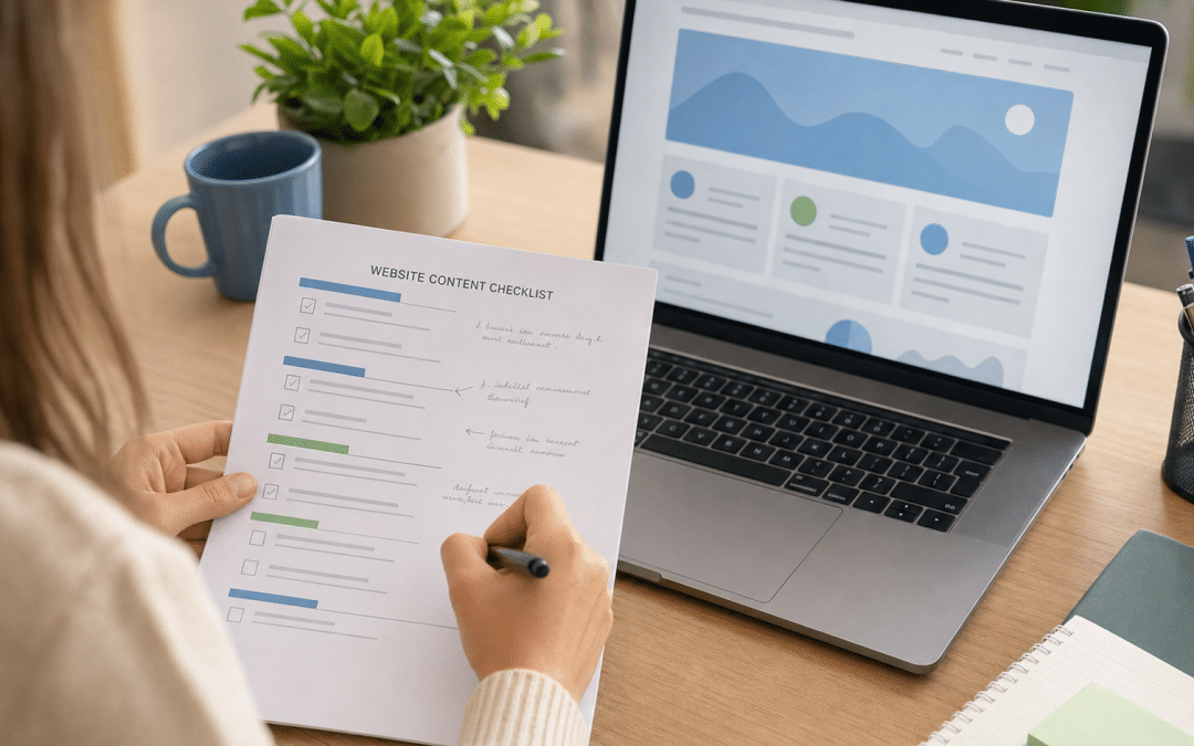 website content approval workflow — person reviewing website content checklist at desk with laptop