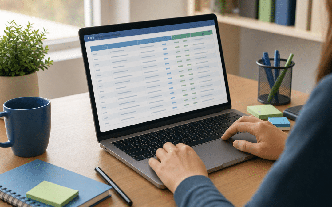 website content inventory checklist — professional reviewing URL classification spreadsheet at desk