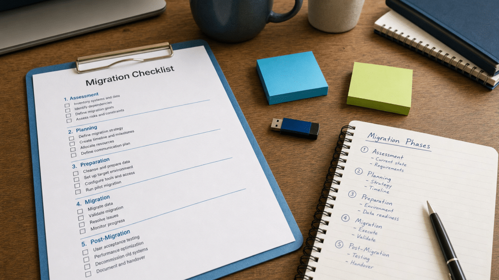 website content migration checklist flat-lay with printed checklist clipboard sticky notes and USB drive on wooden desk