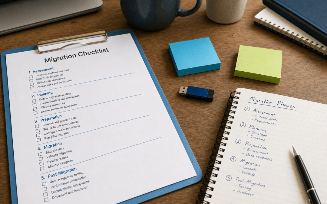 website content migration checklist flat-lay with printed checklist clipboard sticky notes and USB drive on wooden desk
