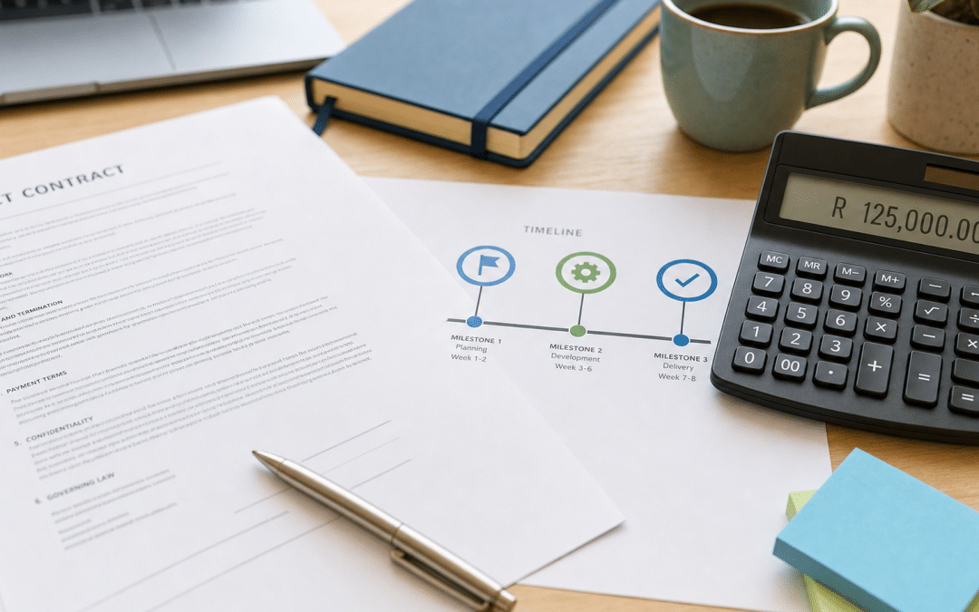 website payment terms — SA web project contract with deposit and milestone schedule on a desk