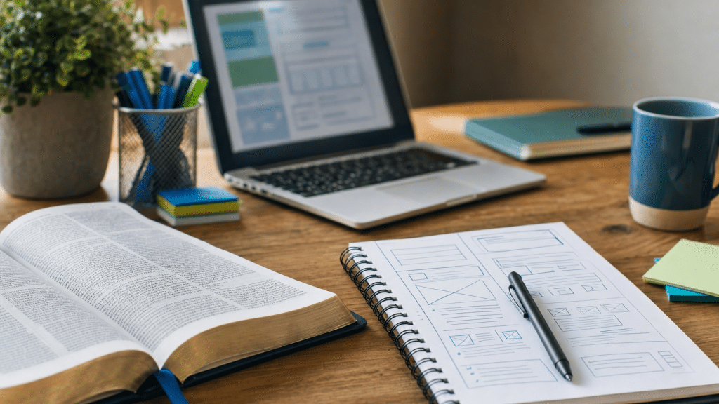 website design for churches — open Bible beside wireframe sketches on a warm wooden desk