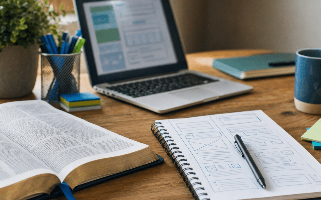 website design for churches — open Bible beside wireframe sketches on a warm wooden desk