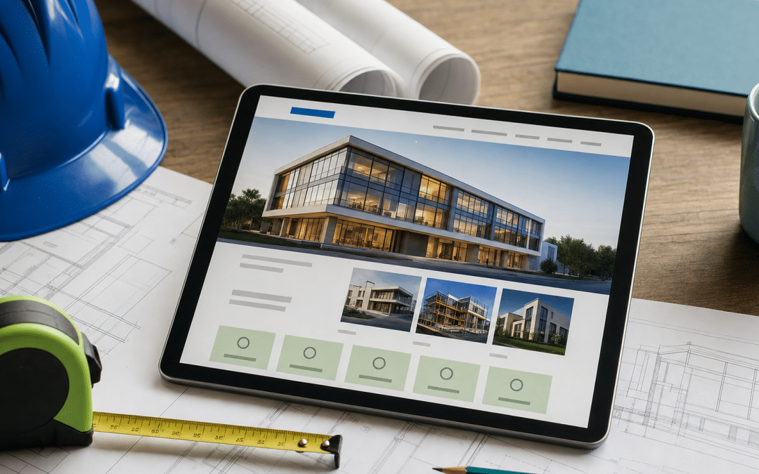 website design for construction companies — portfolio on tablet with blueprints and hard hat