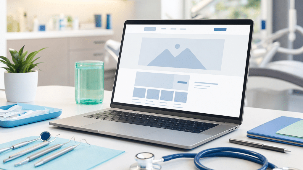 website design for dentists — dental clinic desk with laptop wireframe and dental instruments