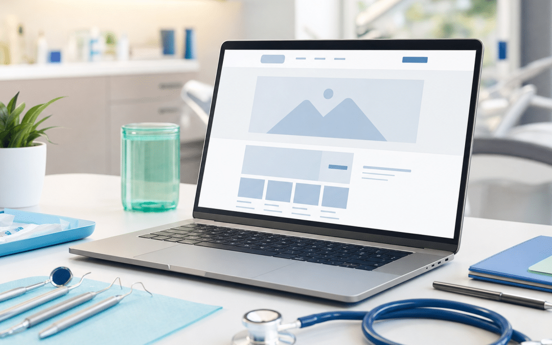 website design for dentists — dental clinic desk with laptop wireframe and dental instruments