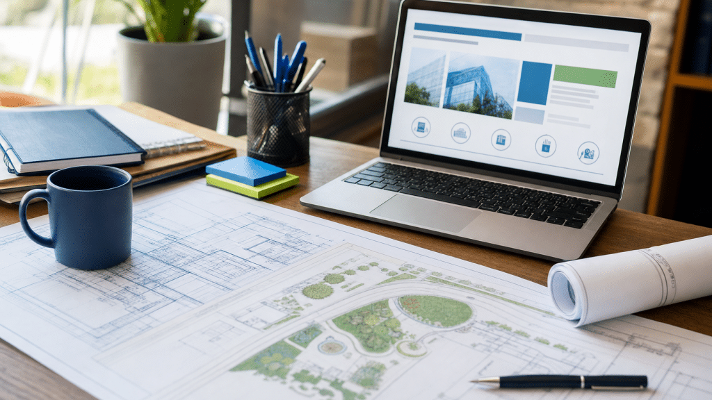 website design for engineering firms — engineering blueprints and laptop showing a professional portfolio on a desk