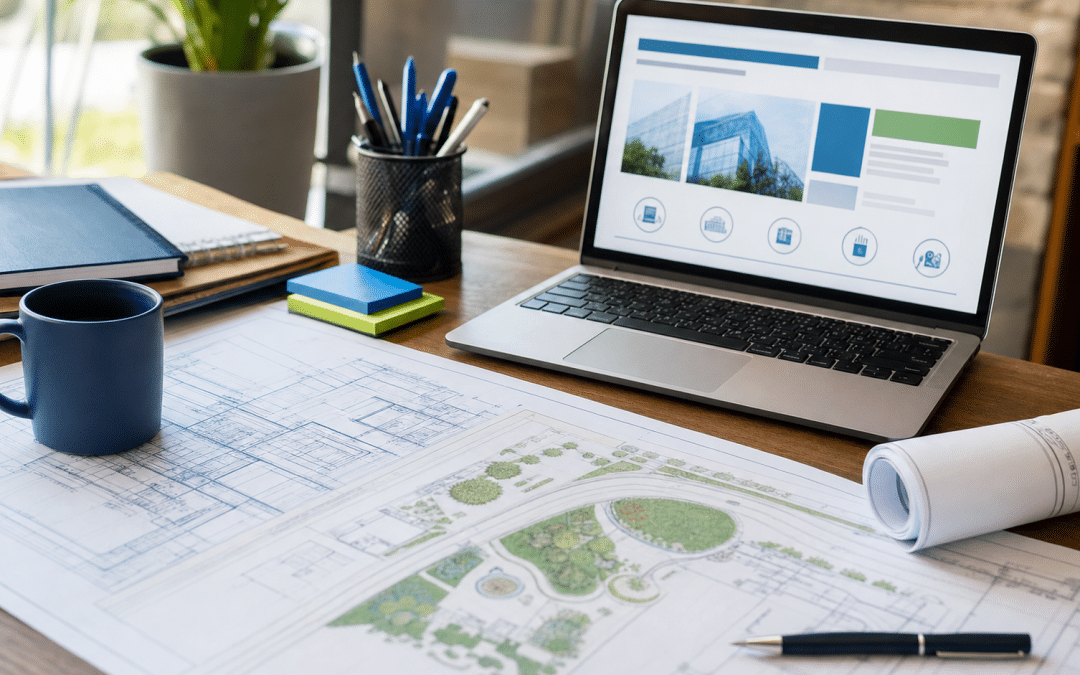 website design for engineering firms — engineering blueprints and laptop showing a professional portfolio on a desk