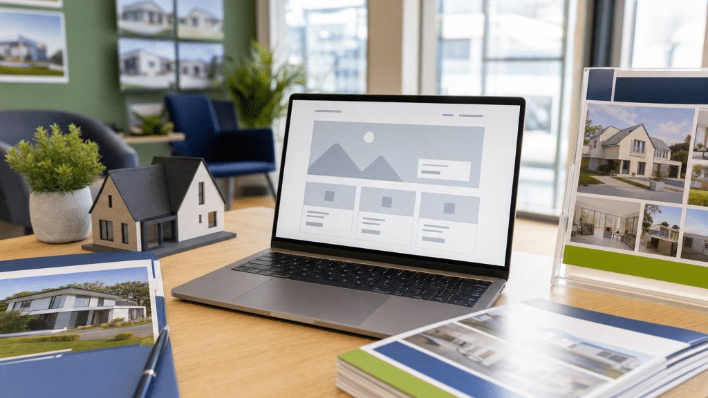 website design for estate agencies — estate agency desk with laptop wireframe and property listing brochures