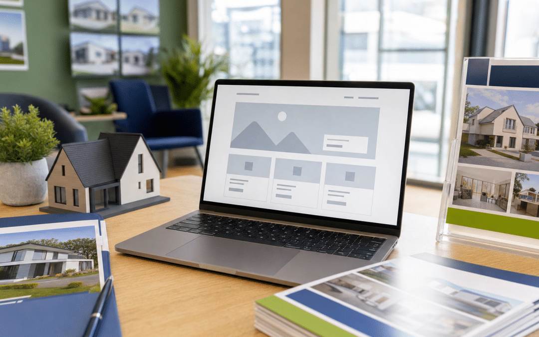 website design for estate agencies — estate agency desk with laptop wireframe and property listing brochures