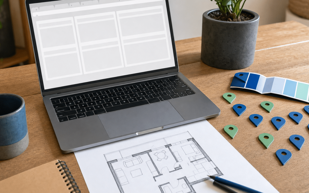 website design for franchises — laptop with location pins and brand materials on a wooden desk