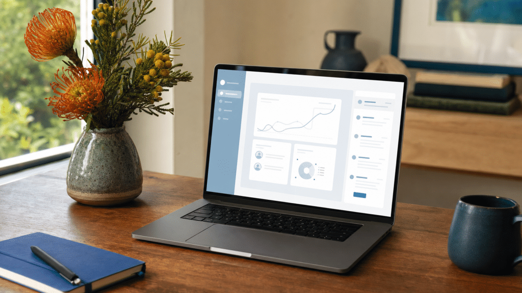 website design for guesthouses — laptop and florals on a guesthouse desk
