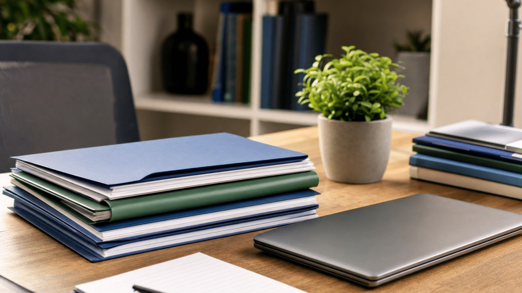 website design for law firms — professional legal desk with folders and laptop, blue and green accents