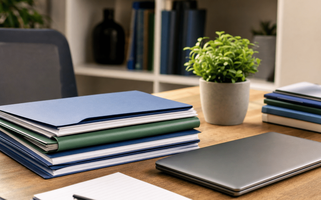 website design for law firms — professional legal desk with folders and laptop, blue and green accents