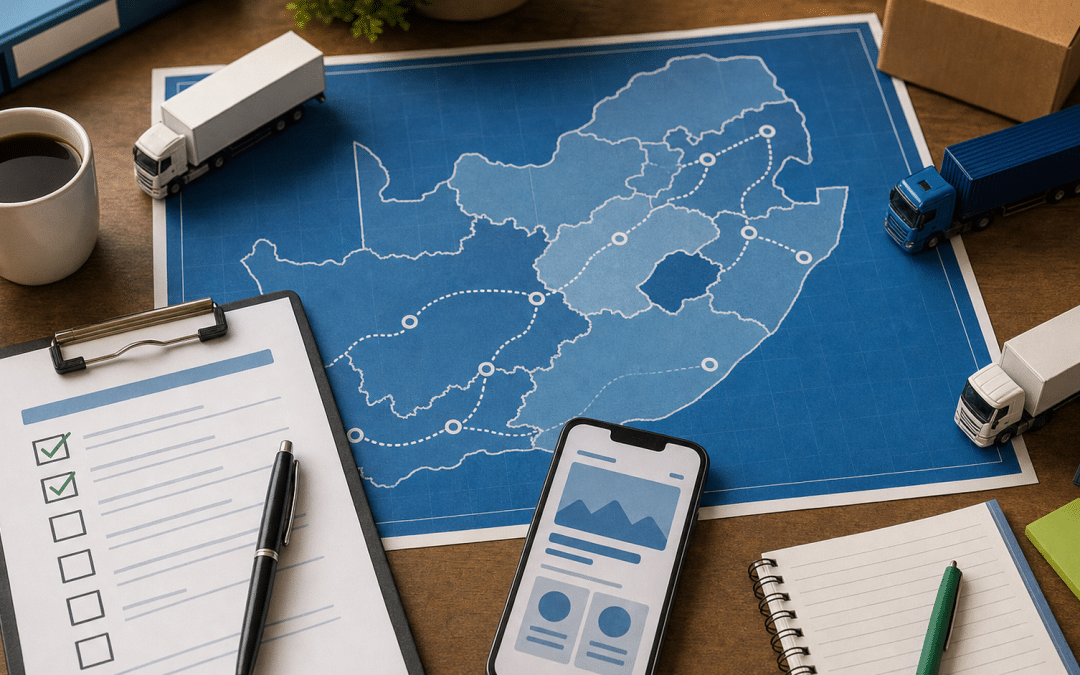 website design for logistics companies — professional freight operations planning desk with South Africa route map and quote checklist