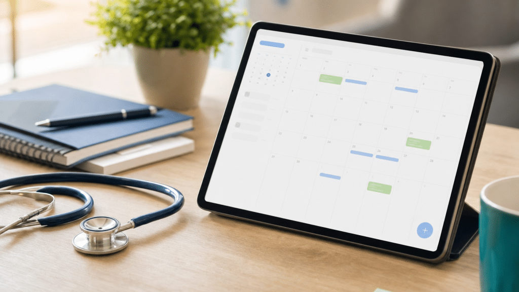 website design for medical practices showing appointment booking screen on tablet beside stethoscope