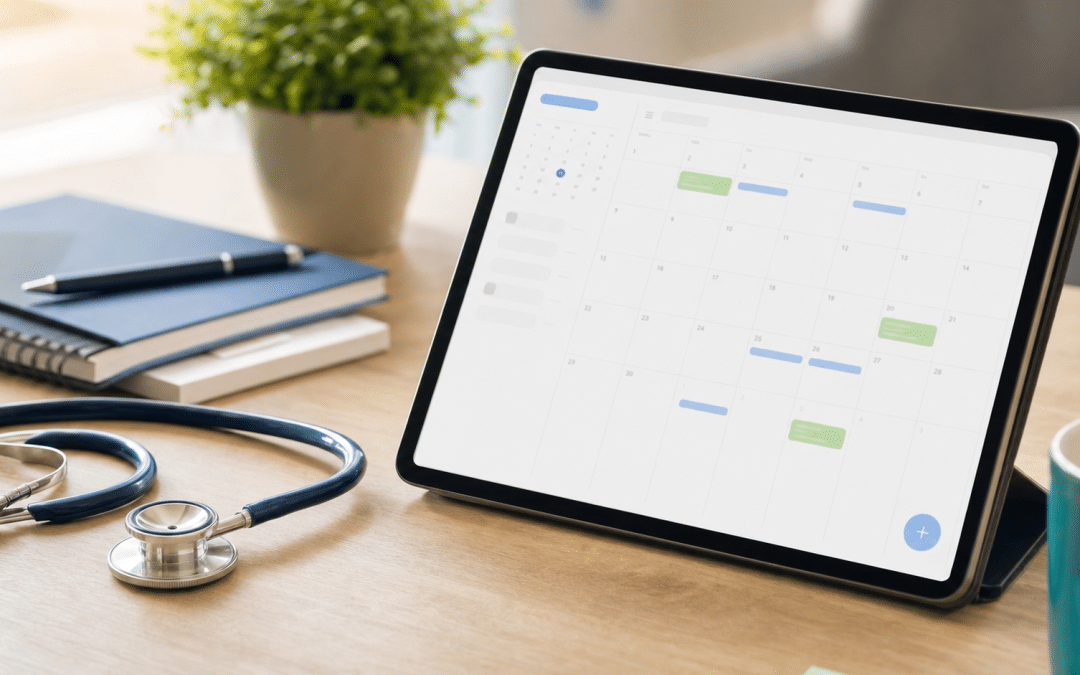 website design for medical practices showing appointment booking screen on tablet beside stethoscope