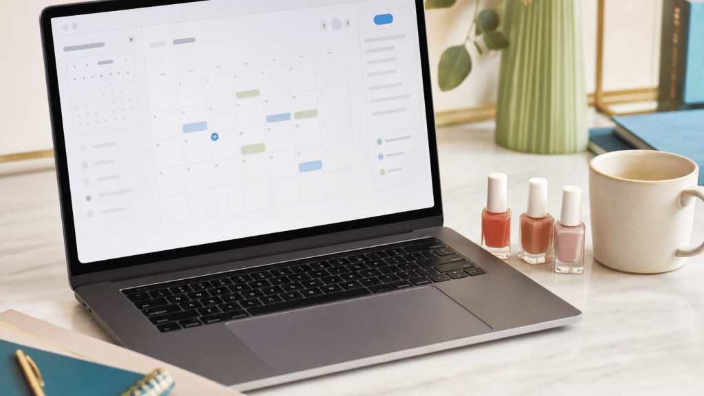 website design for salons — laptop showing online booking calendar alongside salon accessories on marble desk