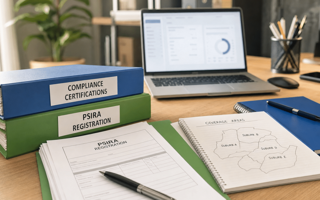 website design for security companies — professional security compliance desk with certification folders and coverage area plans