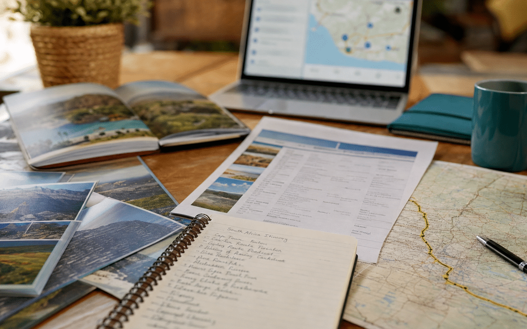 website design for travel agencies — professional travel planning workspace with South Africa destination brochures and tour itinerary documents