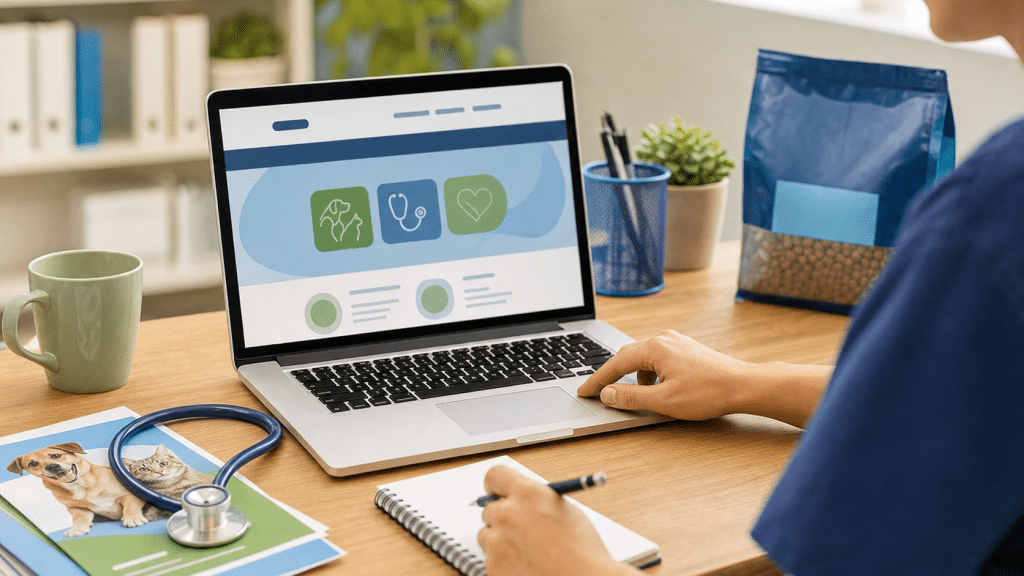 website design for vets — veterinarian reviewing practice website on modern desk with stethoscope and blue accent items