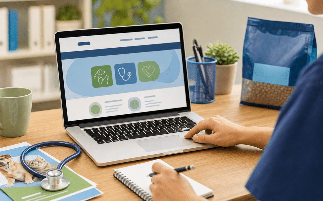 website design for vets — veterinarian reviewing practice website on modern desk with stethoscope and blue accent items