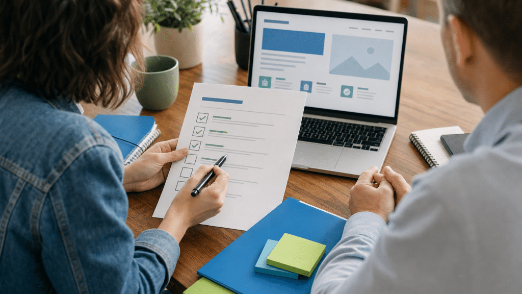 website design handover checklist — designer and client reviewing sign-off documentation at a desk