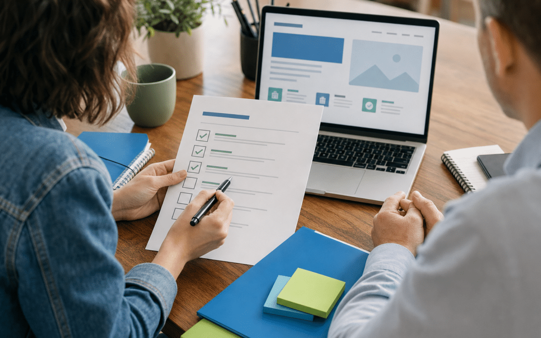 website design handover checklist — designer and client reviewing sign-off documentation at a desk