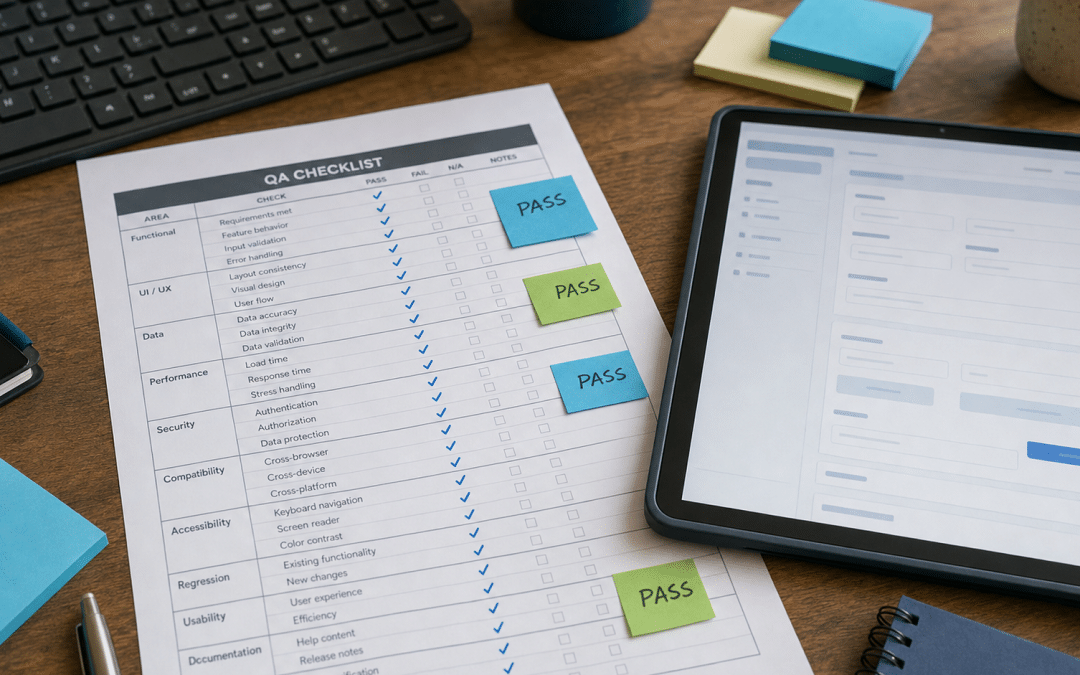 website form testing checklist printed sheet with completed checkboxes beside keyboard and form on tablet