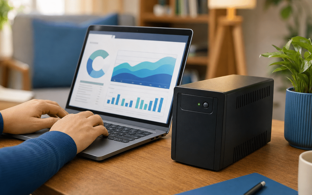 website load shedding uptime monitoring dashboard on laptop with UPS backup unit on desk