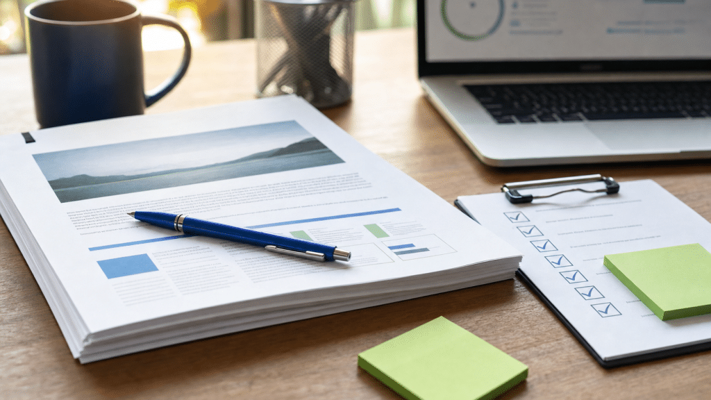 website quote checklist document with pen and clipboard on a desk