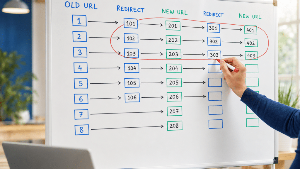website redirect checklist whiteboard showing URL mapping with 301 redirect paths and chain audit