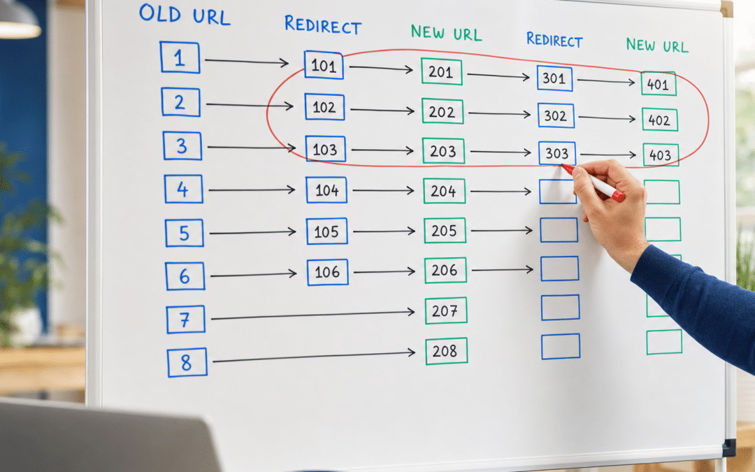 website redirect checklist whiteboard showing URL mapping with 301 redirect paths and chain audit