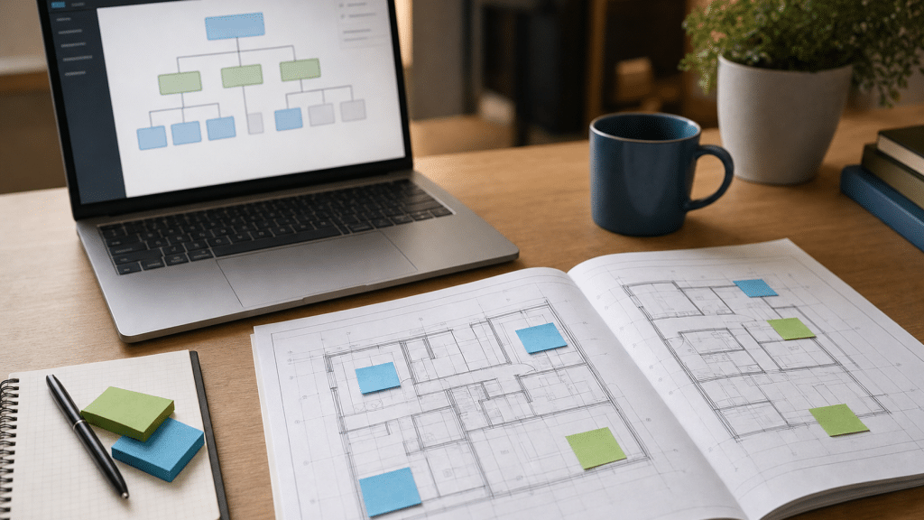 website sitemap planning guide showing page hierarchy diagram on a desk