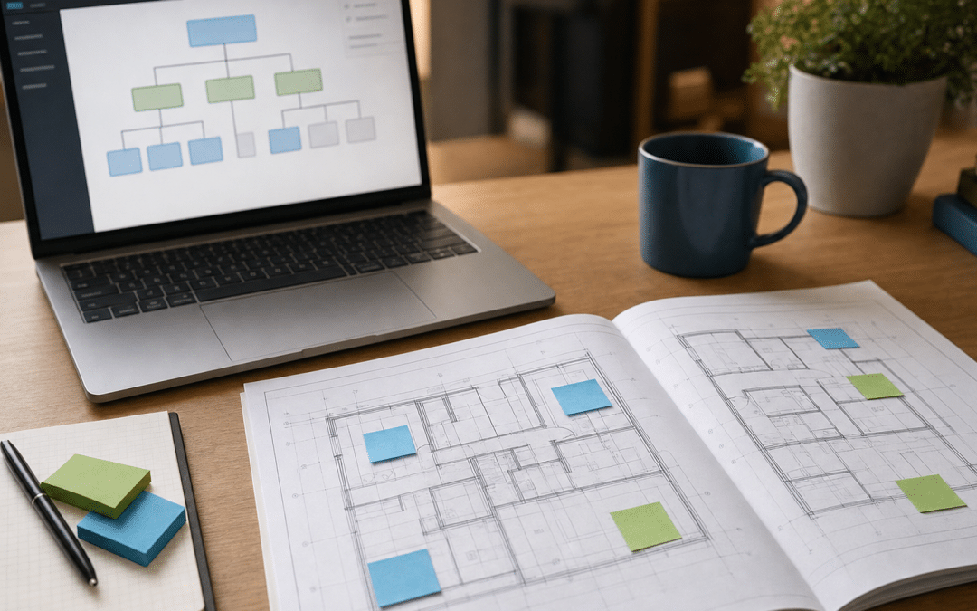 website sitemap planning guide showing page hierarchy diagram on a desk