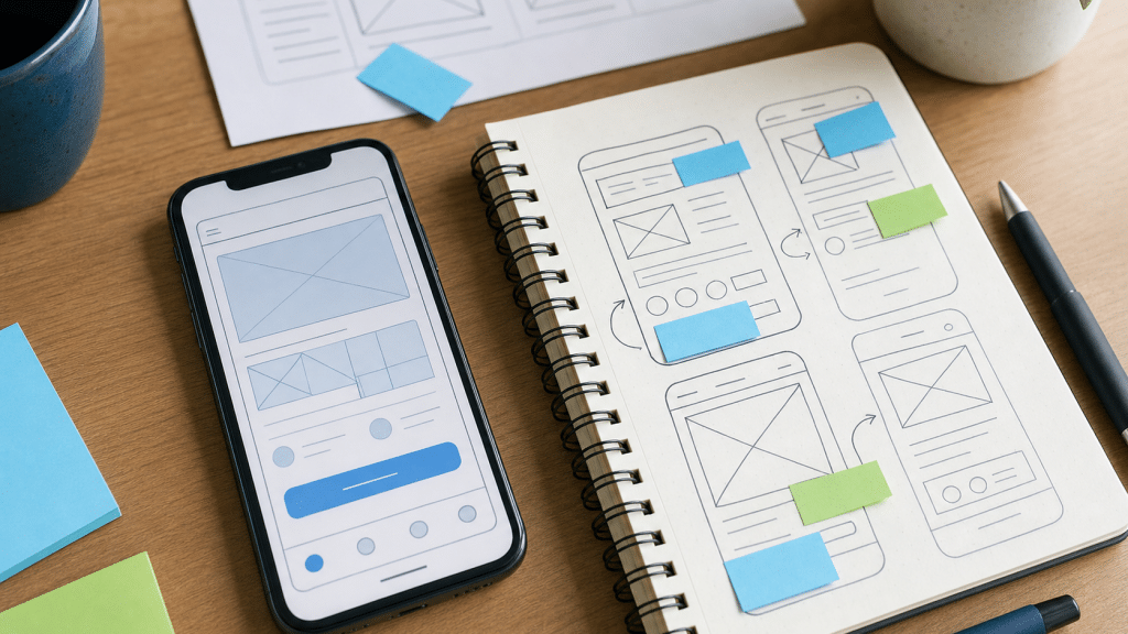 website ui design workspace with mobile wireframe and sketchbook annotations
