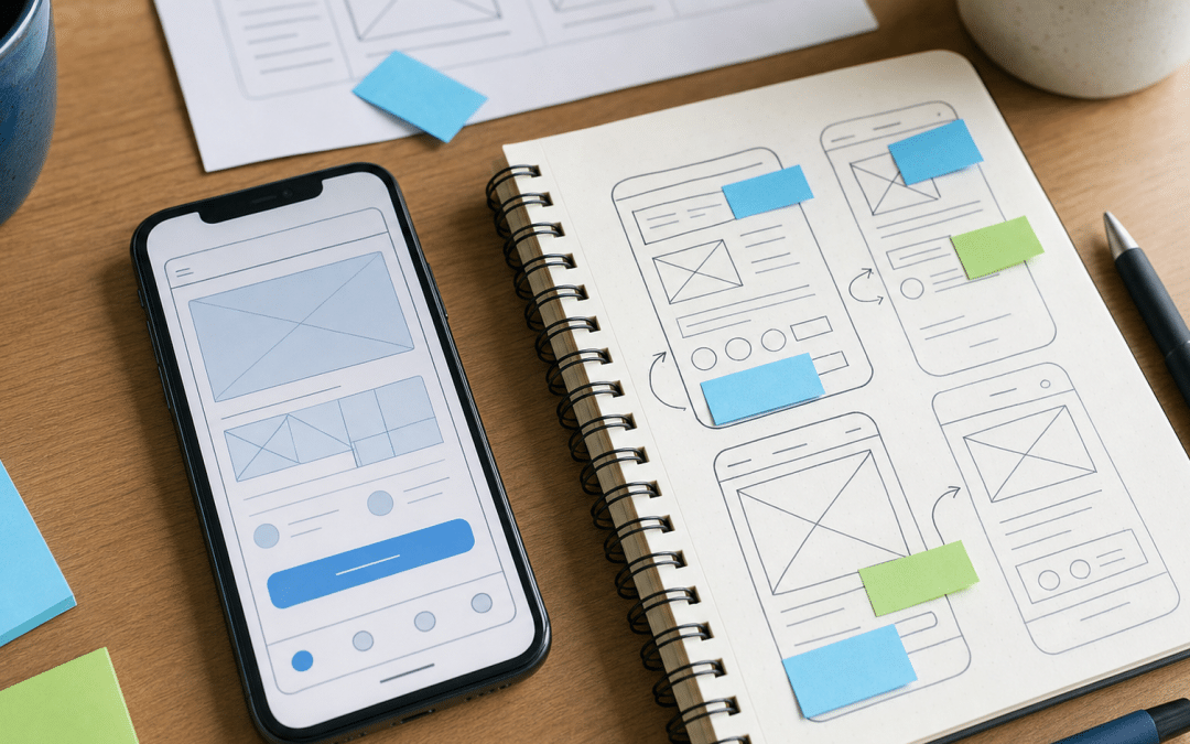website ui design workspace with mobile wireframe and sketchbook annotations