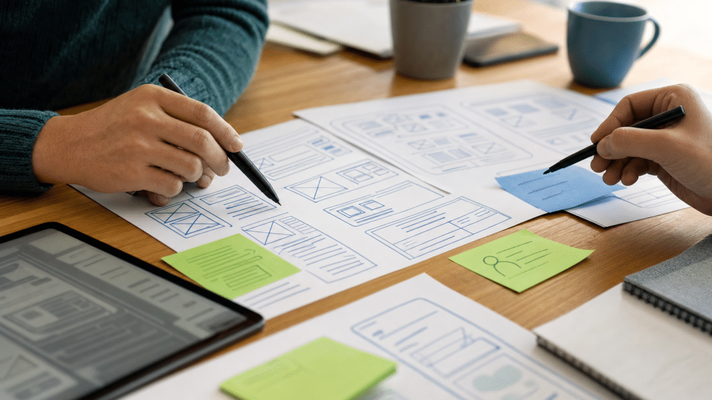 website usability testing guide — annotated wireframe diagrams on a desk with sticky notes